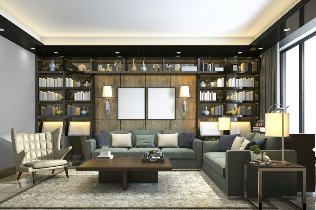 3d rendering loft luxury living room with bookshelf and library