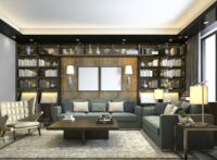 3d rendering loft luxury living room with bookshelf and library