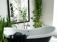 Bathtub and green plants in bathroom interior in luxury home