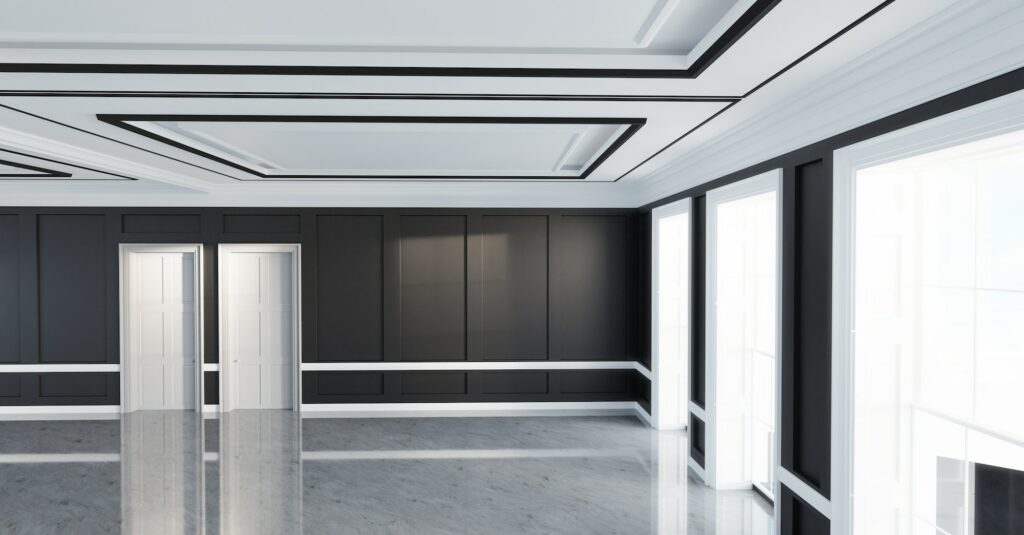 Classic empty interior apartment with vinyl flooring.