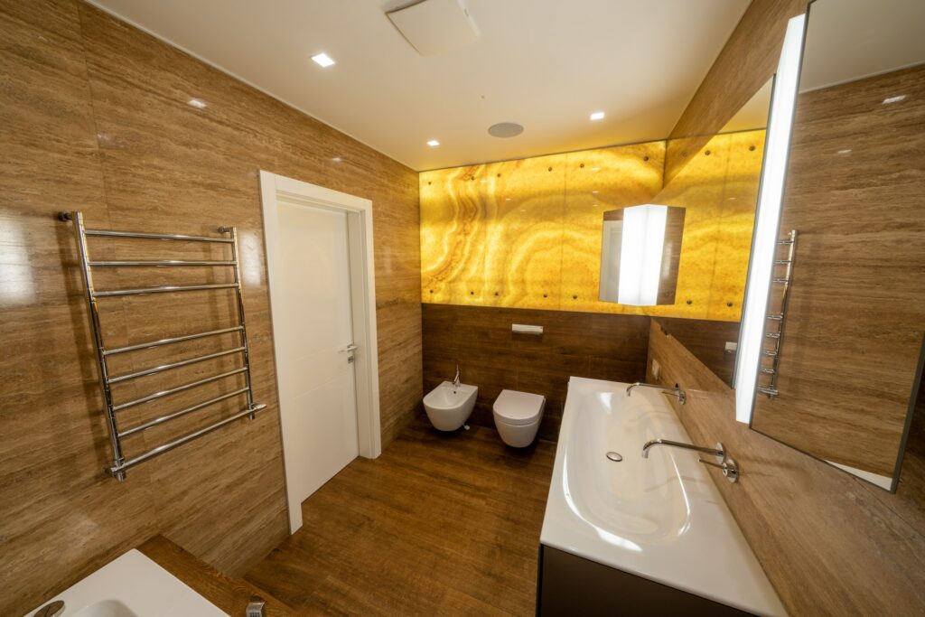 Luxury bathroom vanity. High angle view of the luxury bathroom with wooden walls