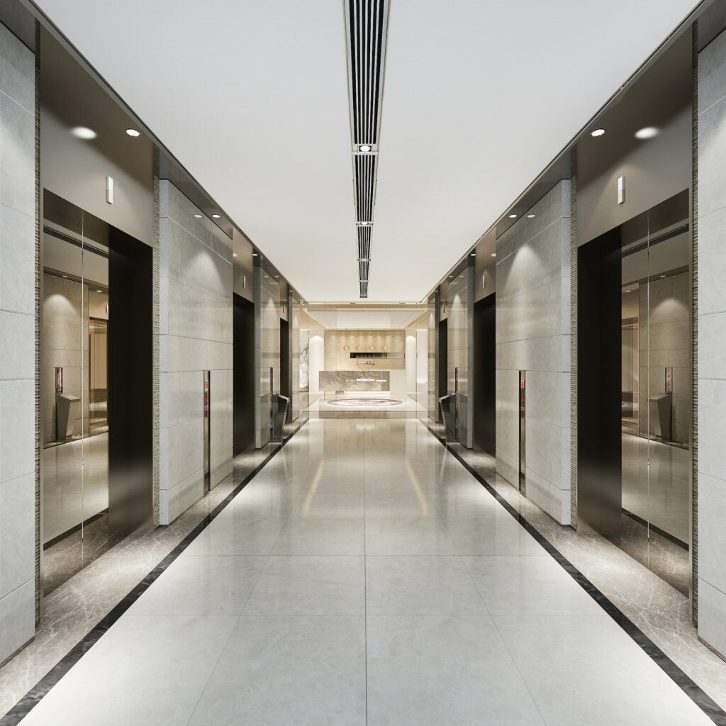 modern steel elevator lift lobby in business hotel with luxury design near corridor